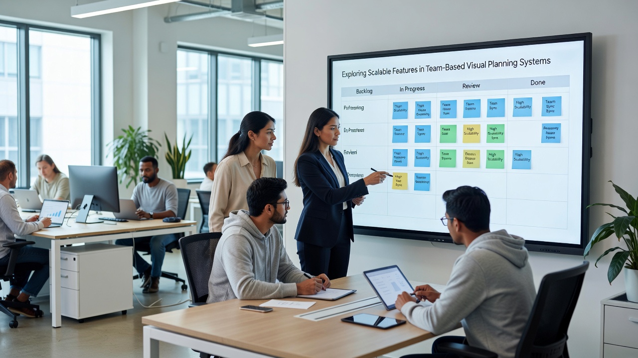 Scalable visual planning interface showing modular layers and performance metrics for large teams