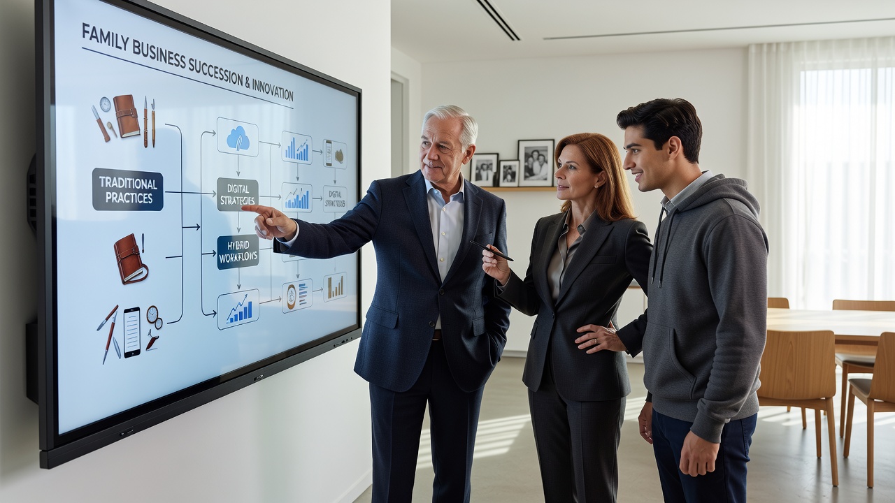Senior and junior family business owners reviewing archived project timelines on a large interactive digital board
