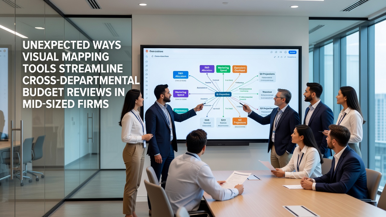 Team members collaborating around a large visual budget map projected on a conference room screen