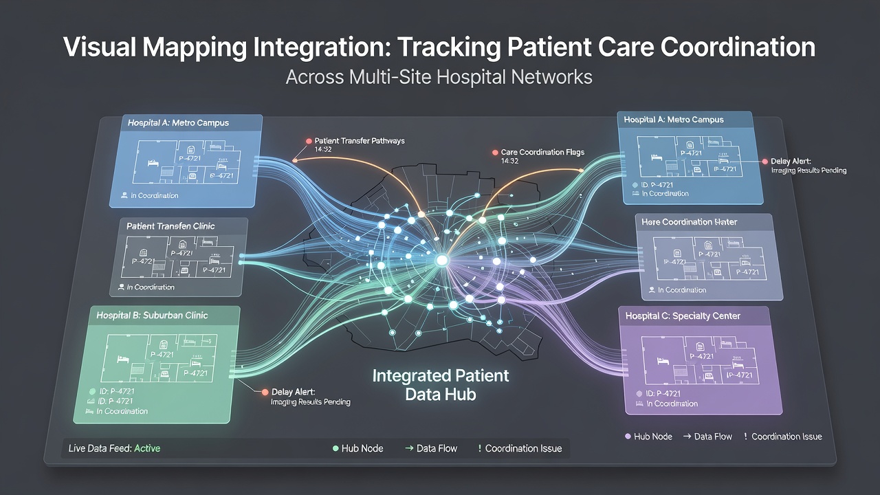 Hospital network diagram showing integrated visual layers for care coordination between urban and regional facilities